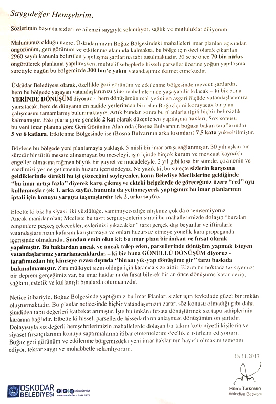 Üsküdar Belediye Başkanı Hilmi Türkmen’in imzasını taşıyan ve ilçenin Boğaz